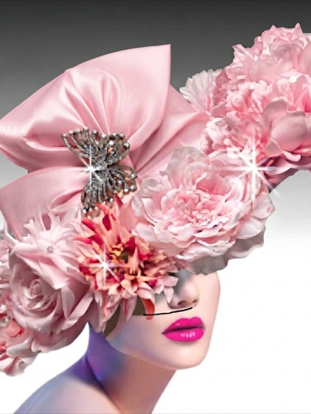 Magnificant Large Brim Couture Floral Hat Jeweled Butterfly Derby Easter Church